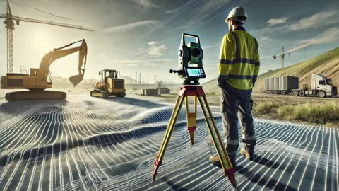Survey engineer using a total station at a construction site