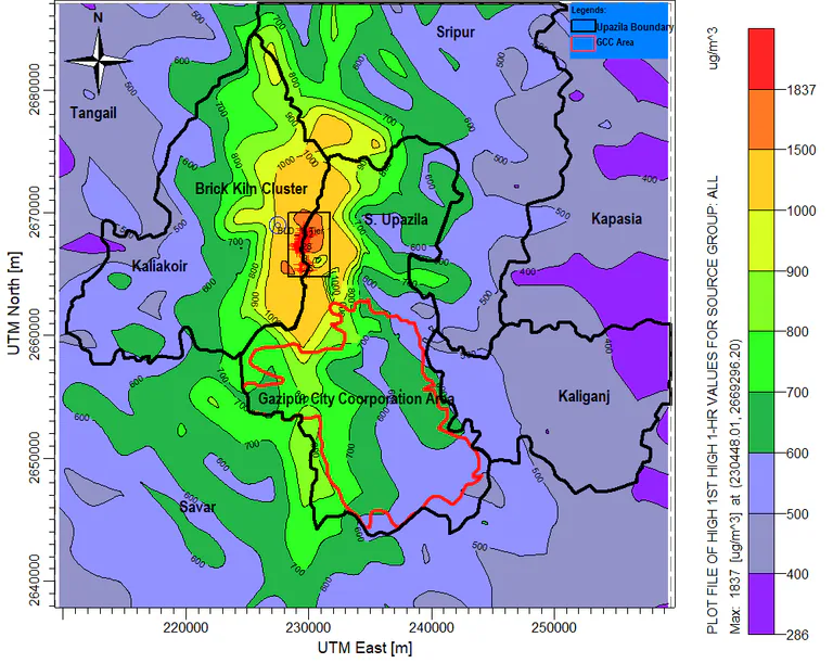 Air-dispersion contour map used for predictive environmental modelling