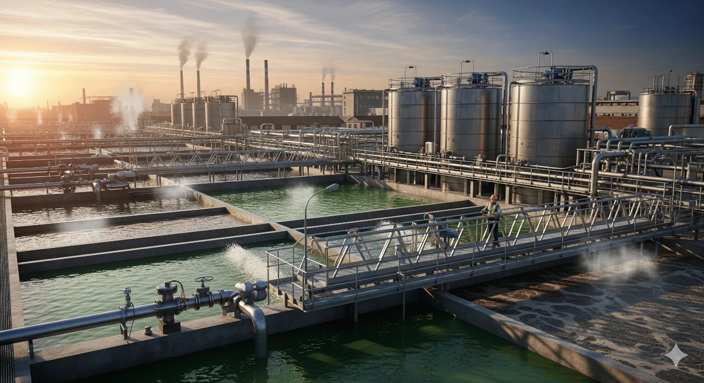 Industrial wastewater treatment plant with tanks, pipelines and treatment basins